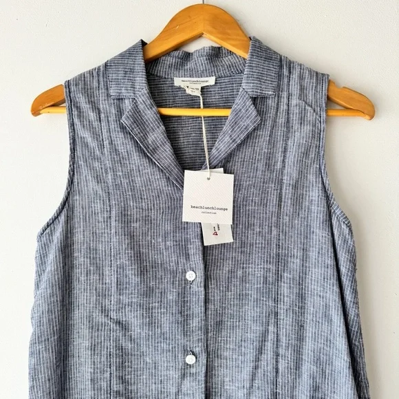 BeachLunchLounge - Brynn Sleeveless Linen Button Front Dress in Blue & White - Picture 7 of 7